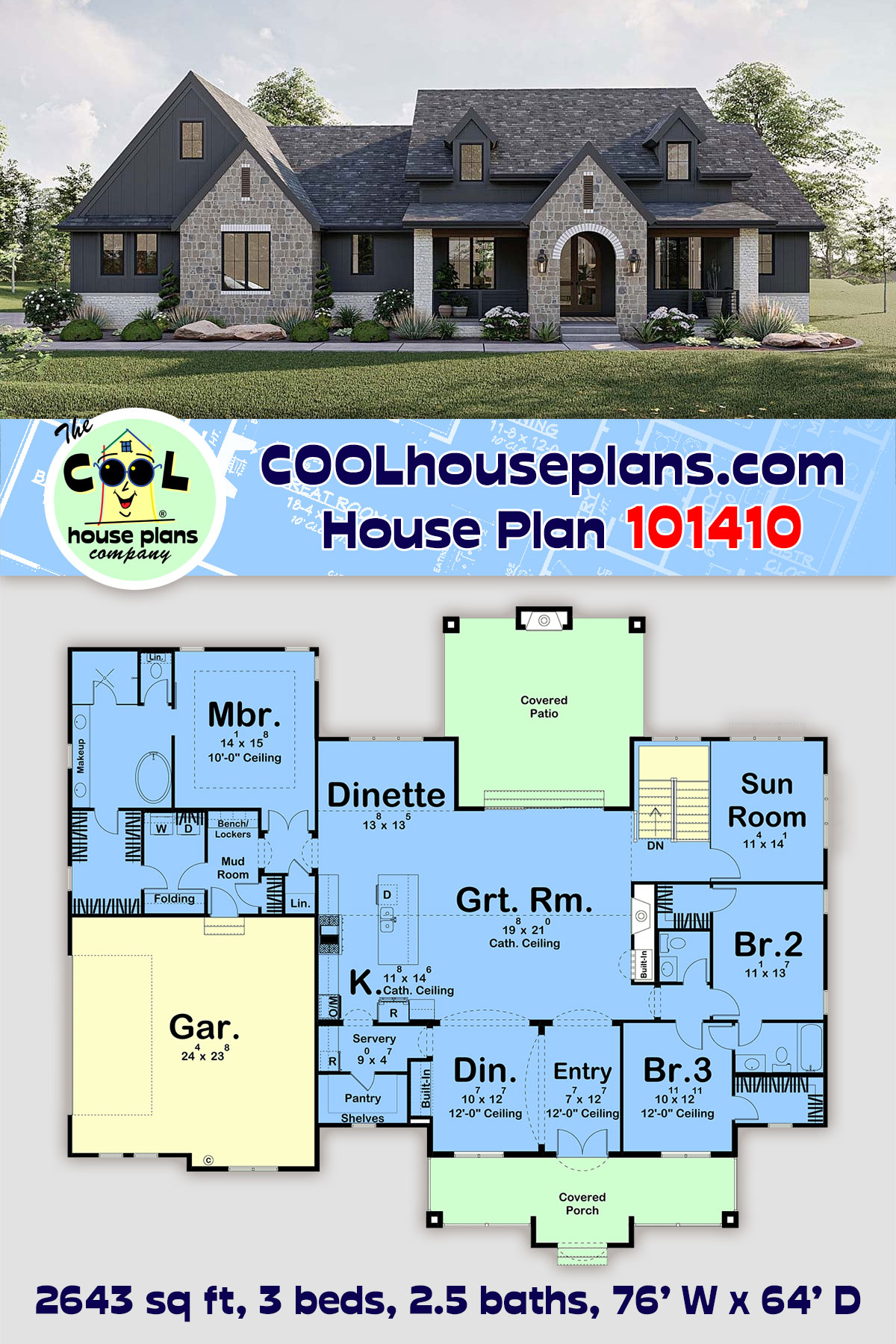 Contemporary, Cottage, Country, New American House Plan 101410 with 3 Beds, 3 Baths, 2 Car Garage