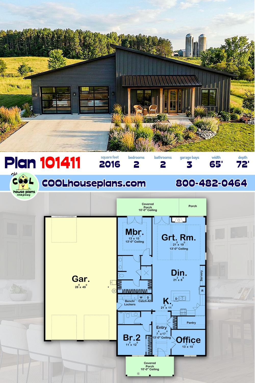 Barndominium, Contemporary, Modern House Plan 101411 with 2 Beds, 2 Baths, 3 Car Garage
