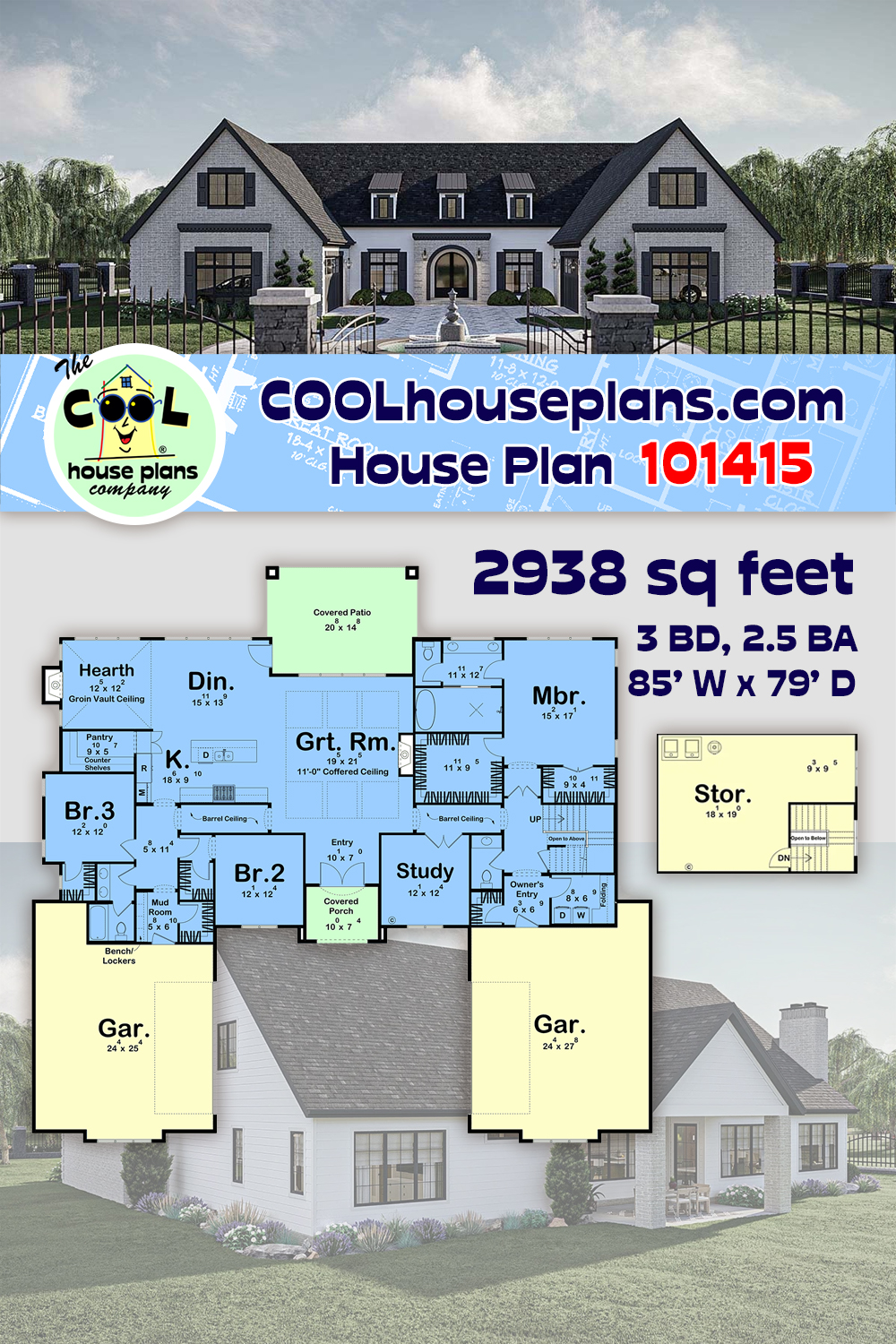 Colonial, Traditional House Plan 101415 with 3 Beds, 3 Baths, 4 Car Garage