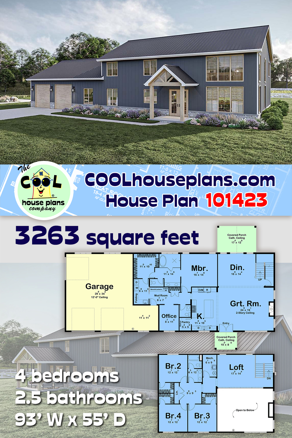 Barndominium, Country, Craftsman, Farmhouse House Plan 101423 with 4 Beds, 3 Baths, 3 Car Garage