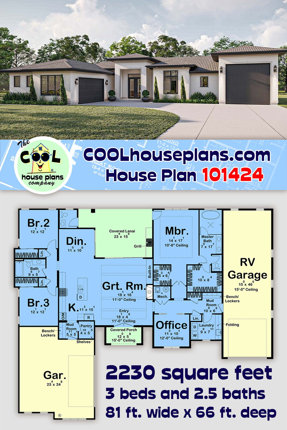 Mediterranean, Modern, Prairie House Plan 101424 with 3 Beds, 3 Baths, 3 Car Garage