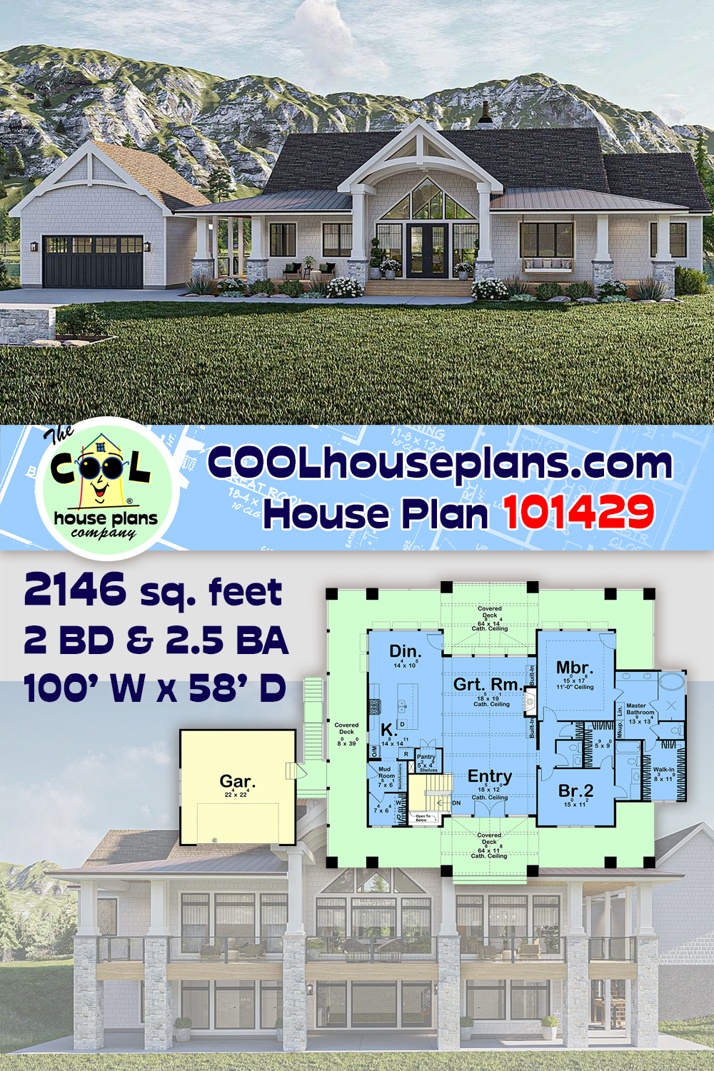 Coastal, Country, Craftsman, New American House Plan 101429 with 2 Beds, 3 Baths, 2 Car Garage