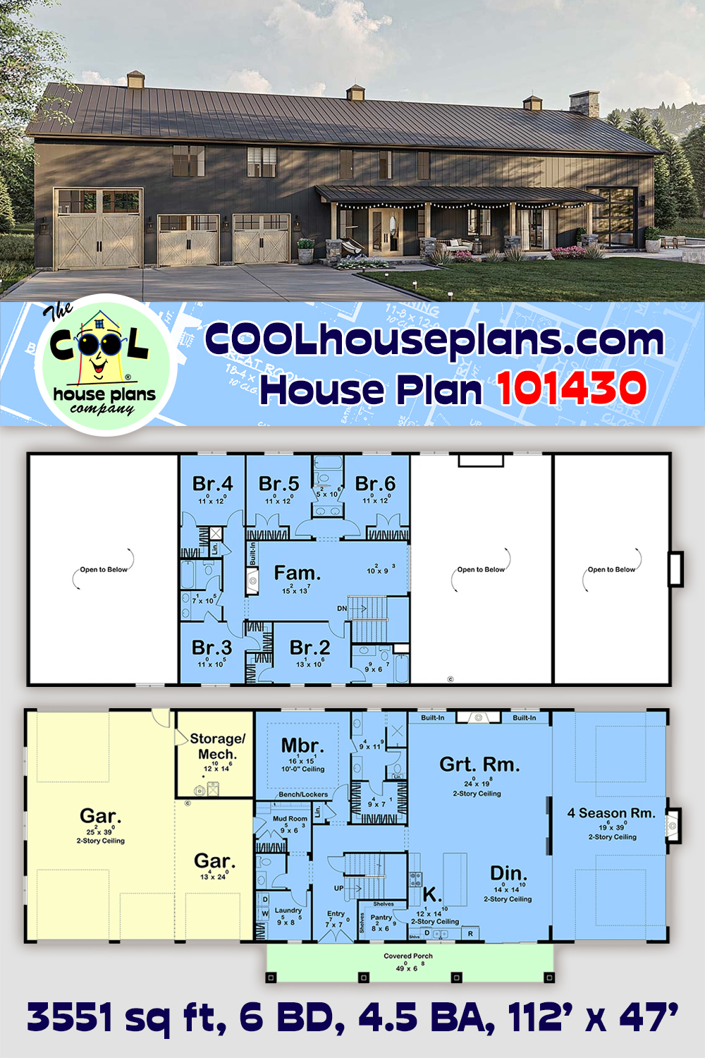 Barndominium, Country, Farmhouse House Plan 101430 with 6 Beds, 5 Baths, 4 Car Garage