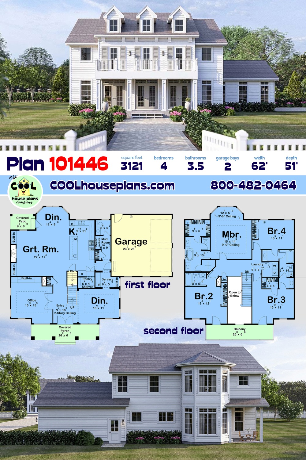 Colonial, Southern House Plan 101446 with 4 Beds, 4 Baths, 2 Car Garage