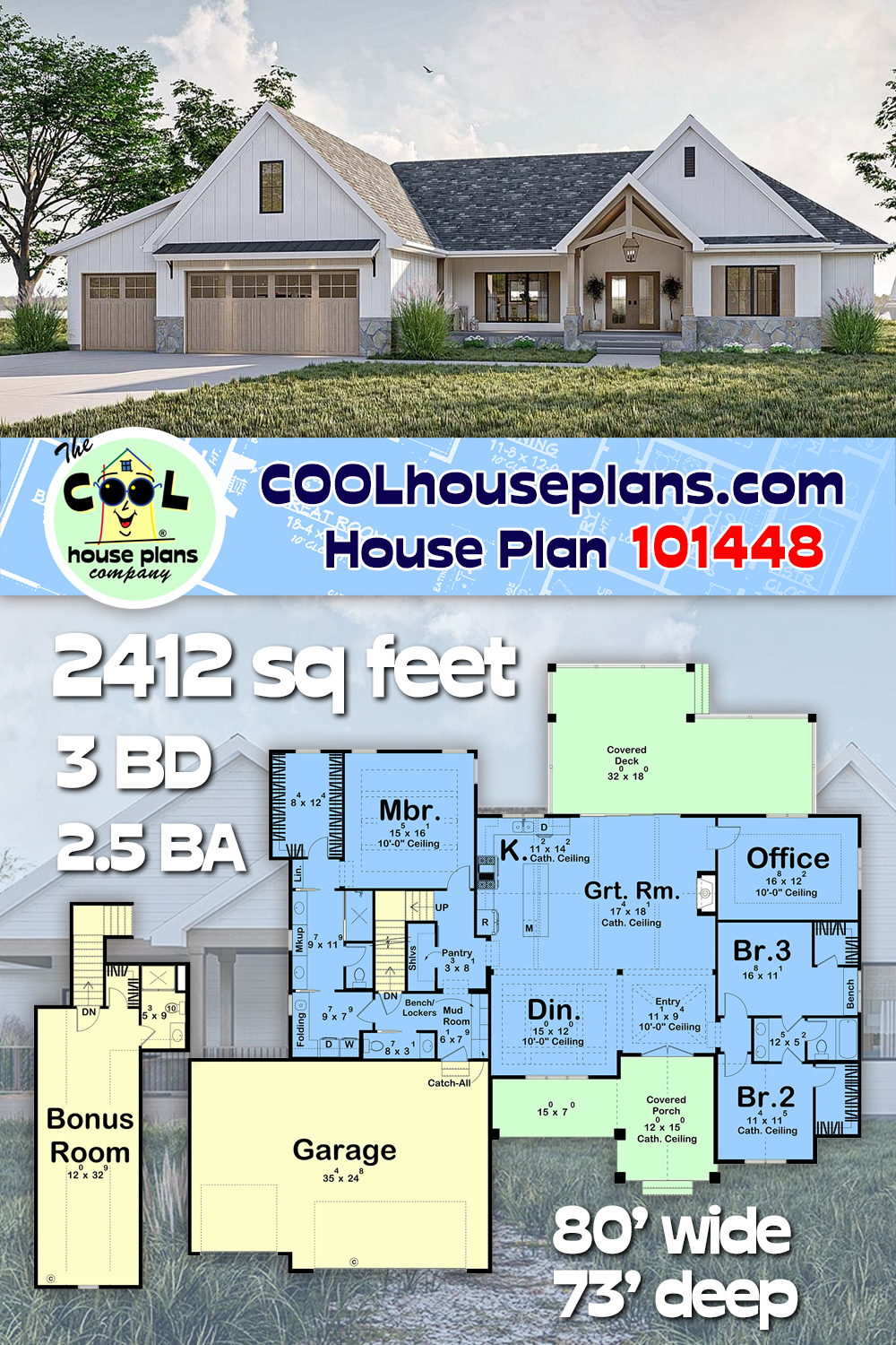 Contemporary, Country, Craftsman, Farmhouse, New American House Plan 101448 with 3 Beds, 3 Baths, 3 Car Garage