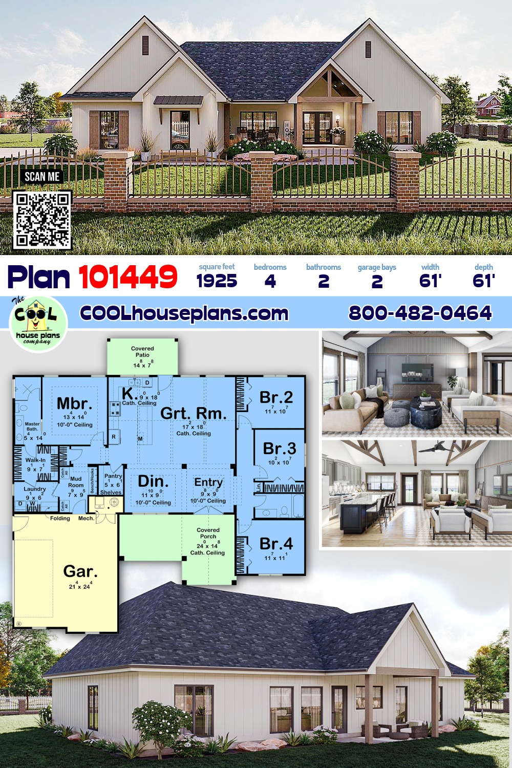 Country, Ranch, Traditional House Plan 101449 with 4 Beds, 2 Baths, 2 Car Garage