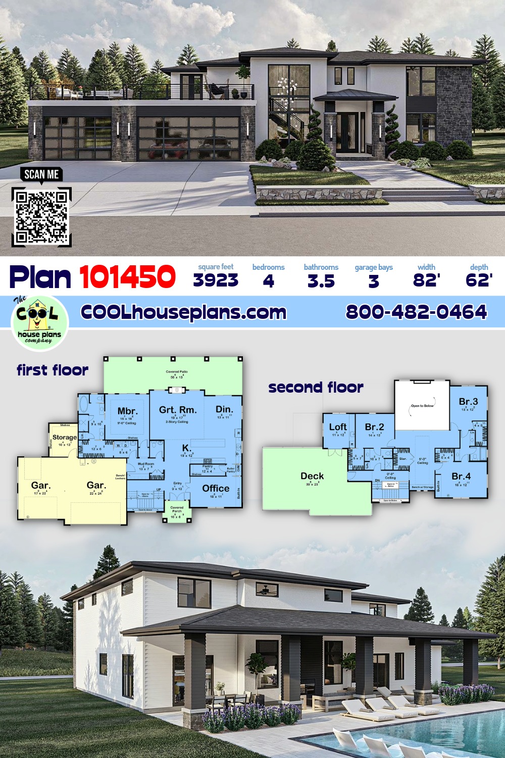 Contemporary, Modern, Prairie House Plan 101450 with 4 Beds, 4 Baths, 3 Car Garage