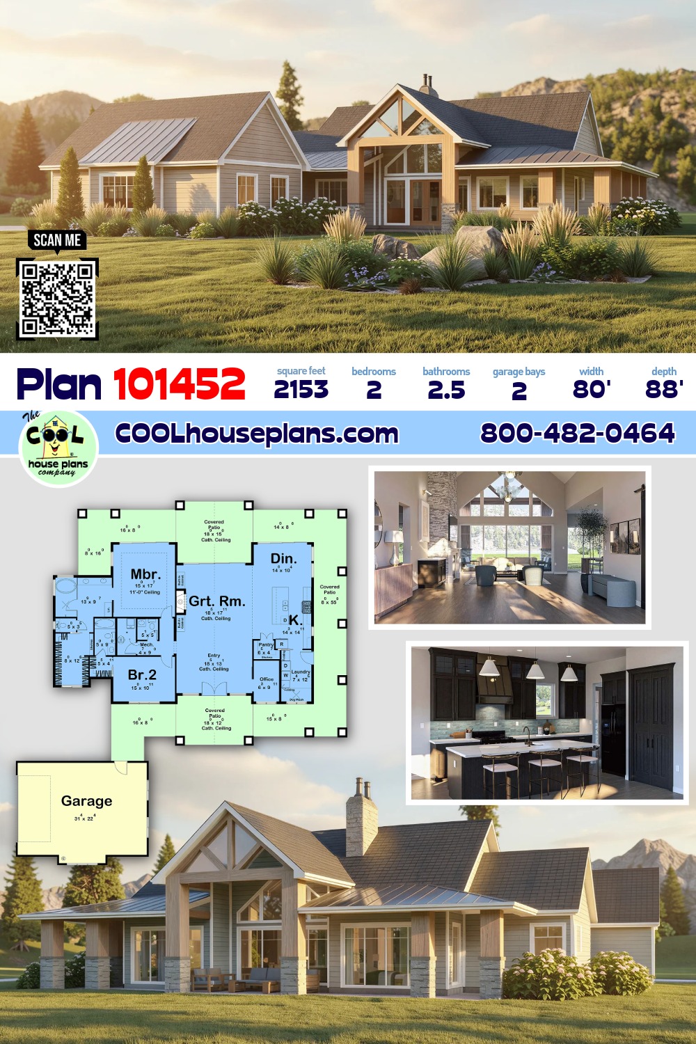 Coastal, Country, Craftsman House Plan 101452 with 2 Beds, 3 Baths, 2 Car Garage