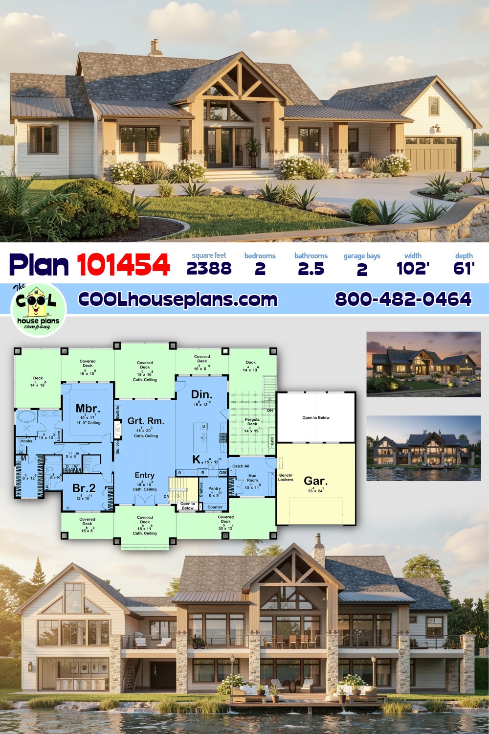 Coastal, Country, Craftsman House Plan 101454 with 2 Beds, 3 Baths, 2 Car Garage