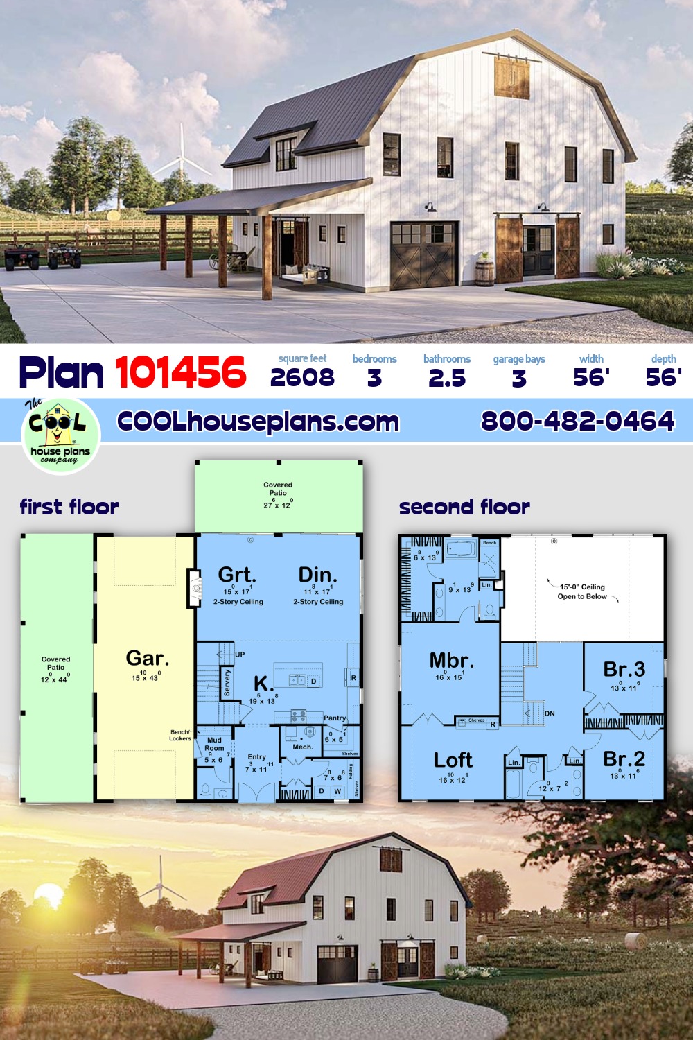 Barndominium, Country, Farmhouse, New American House Plan 101456 with 3 Beds, 3 Baths, 3 Car Garage