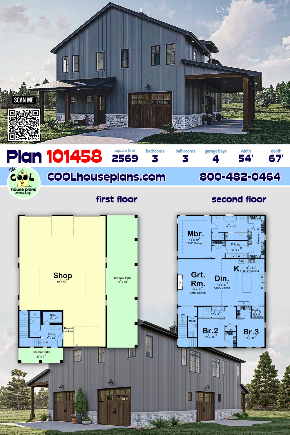 Barndominium, Country Garage-Living Plan 101458 with 3 Beds, 3 Baths, 4 Car Garage