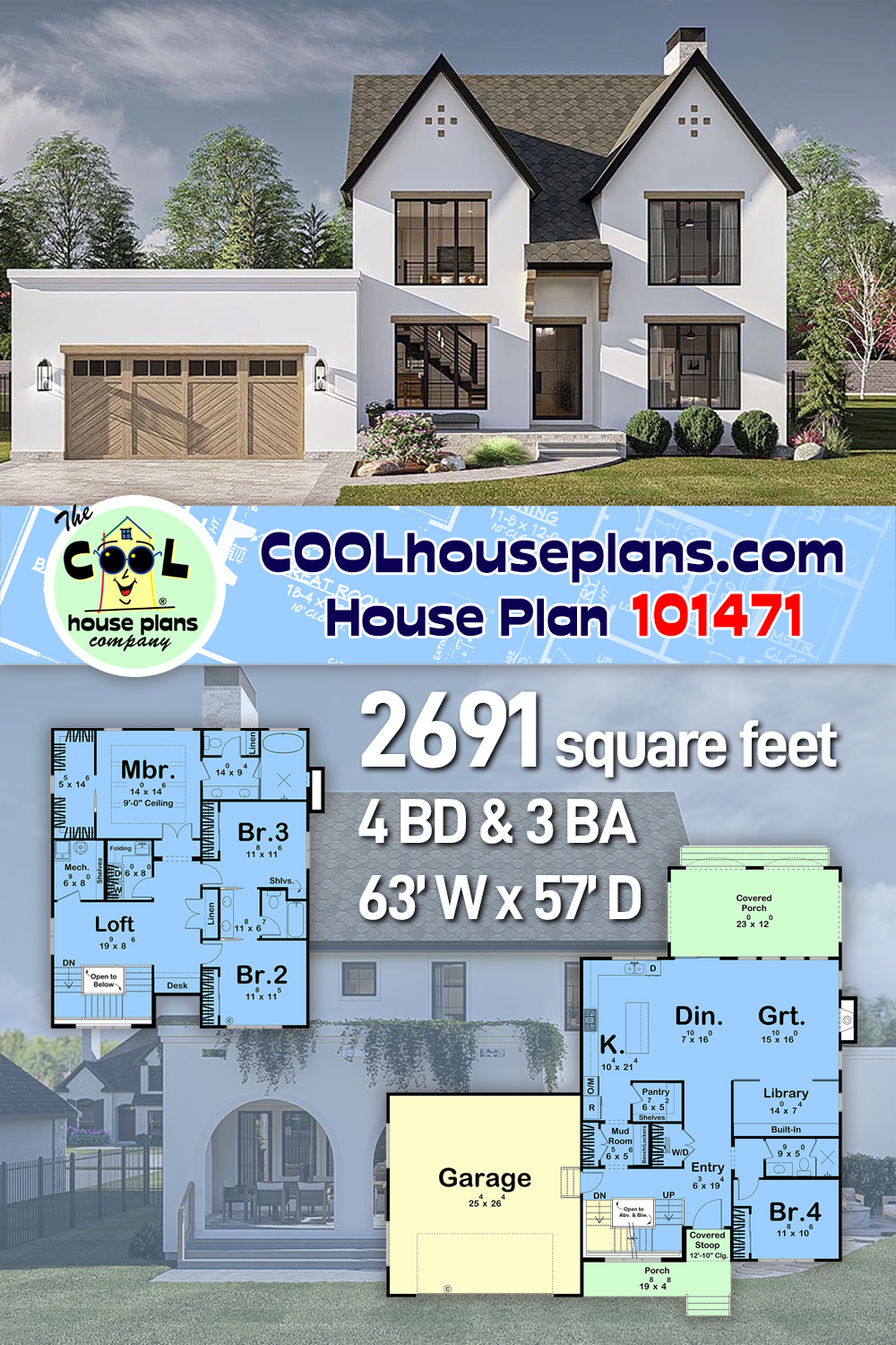Contemporary, Cottage, European, Modern House Plan 101471 with 4 Beds, 3 Baths, 2 Car Garage