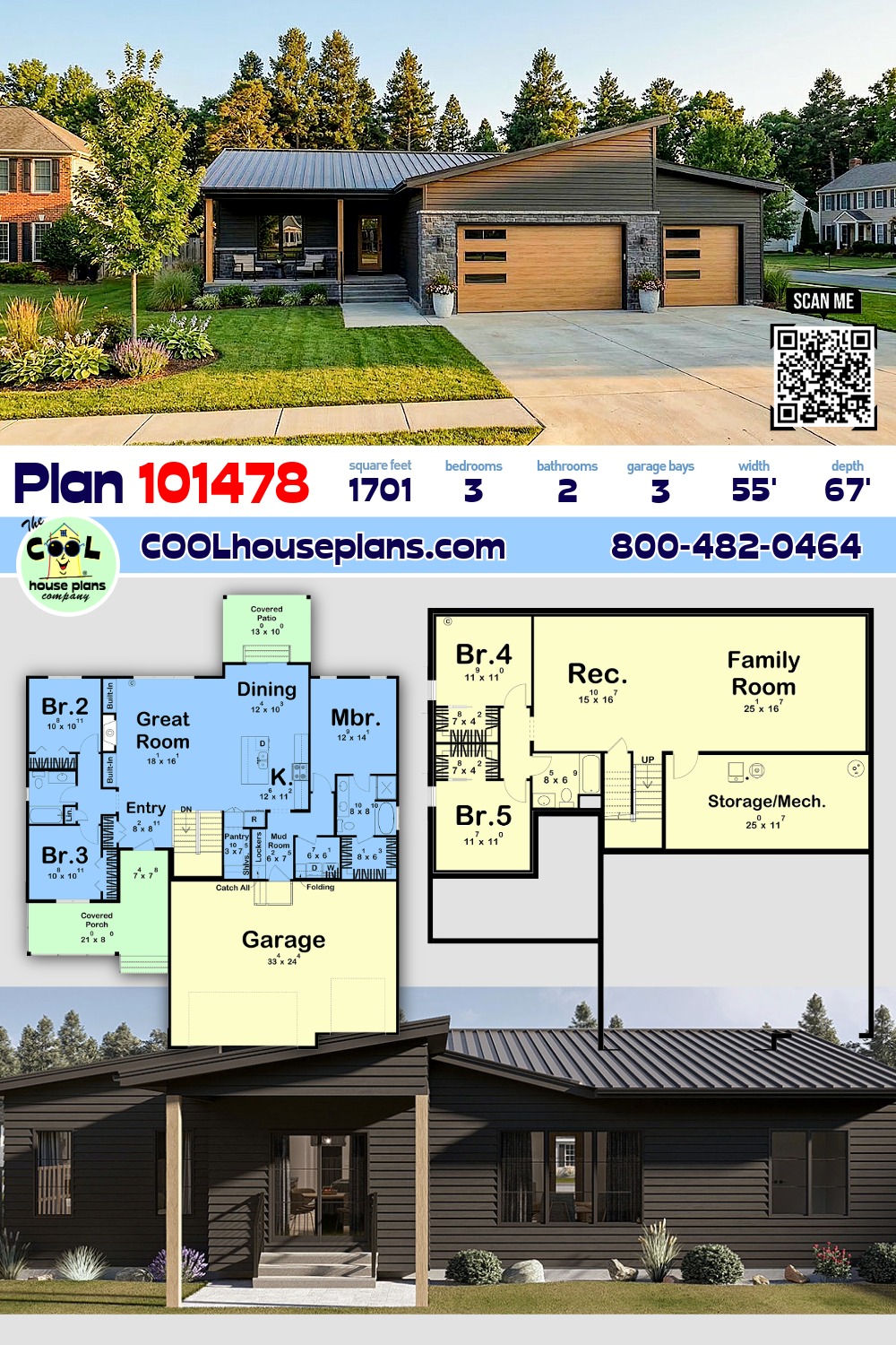 Contemporary, Modern House Plan 101478 with 3 Beds, 2 Baths, 3 Car Garage