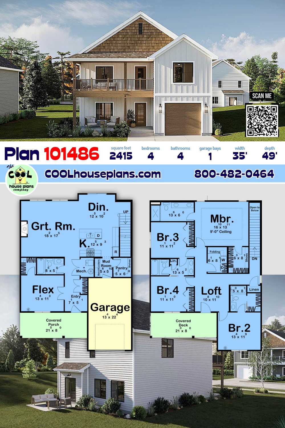 Country, Farmhouse, New American, Traditional House Plan 101486 with 4 Beds, 4 Baths, 1 Car Garage