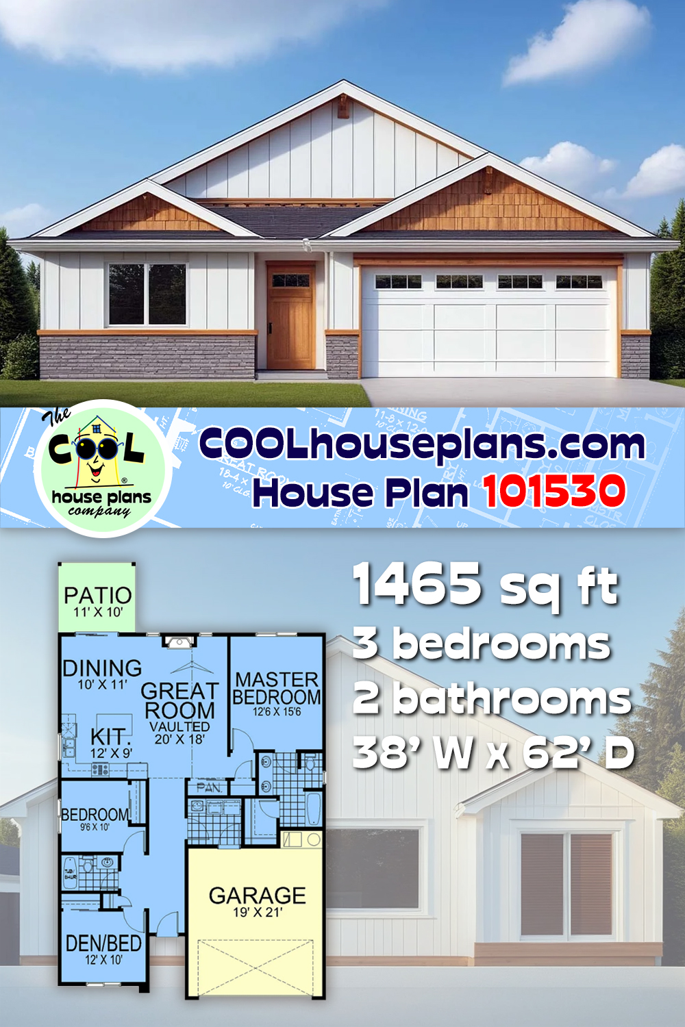 Craftsman, European, Traditional House Plan 101530 with 3 Beds, 2 Baths, 2 Car Garage