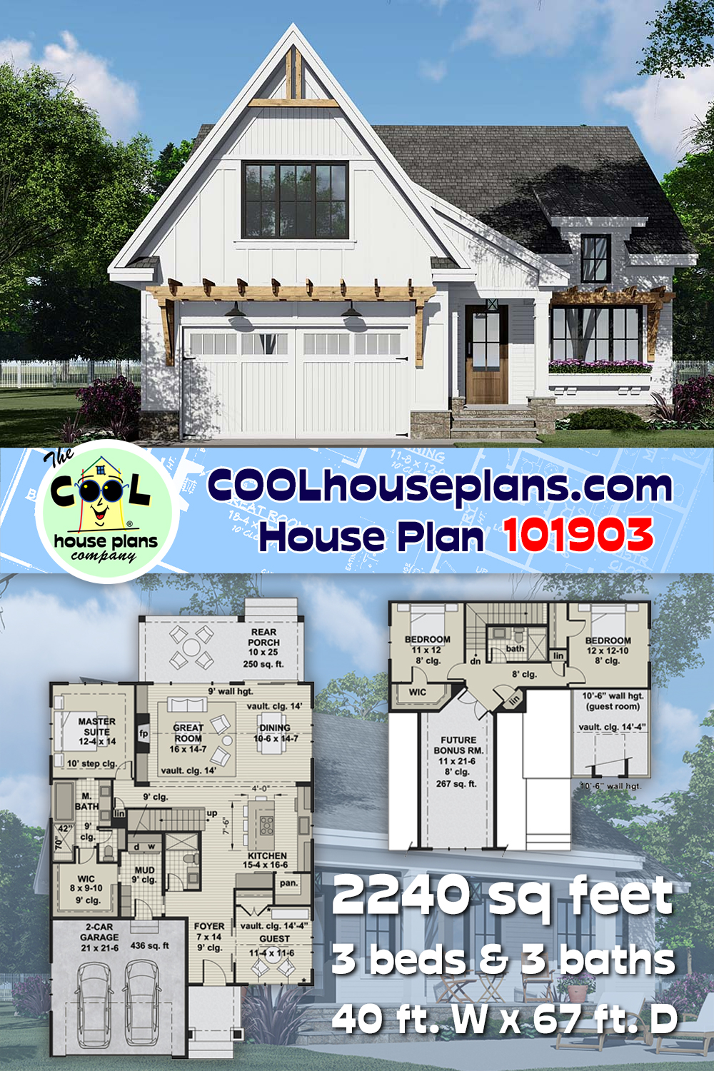 Country, Craftsman, Farmhouse, New American House Plan 101903 with 3 Beds, 3 Baths, 2 Car Garage