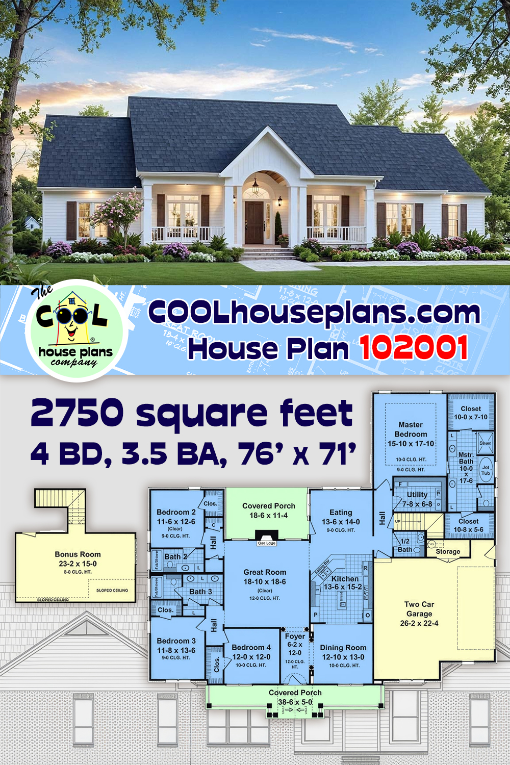 Contemporary, Farmhouse, Ranch, Traditional House Plan 102001 with 4 Beds, 4 Baths, 2 Car Garage