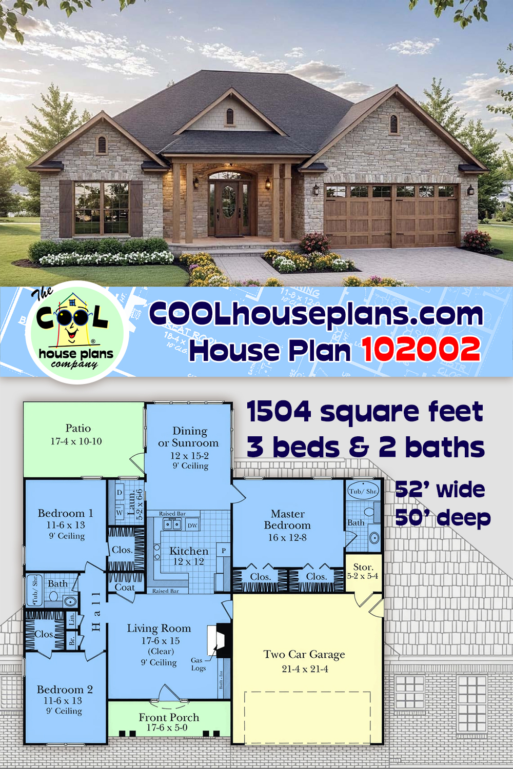 French Country, Ranch, Southern, Traditional House Plan 102002 with 3 Beds, 2 Baths, 2 Car Garage