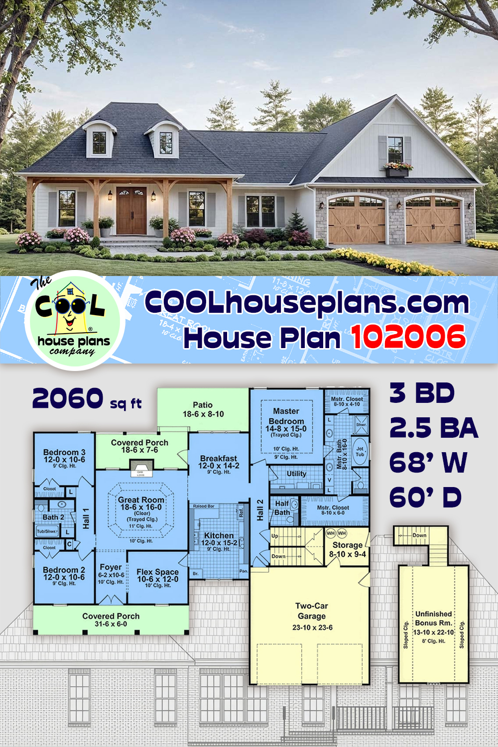 Country, European, Farmhouse, French Country House Plan 102006 with 3 Beds, 3 Baths, 2 Car Garage