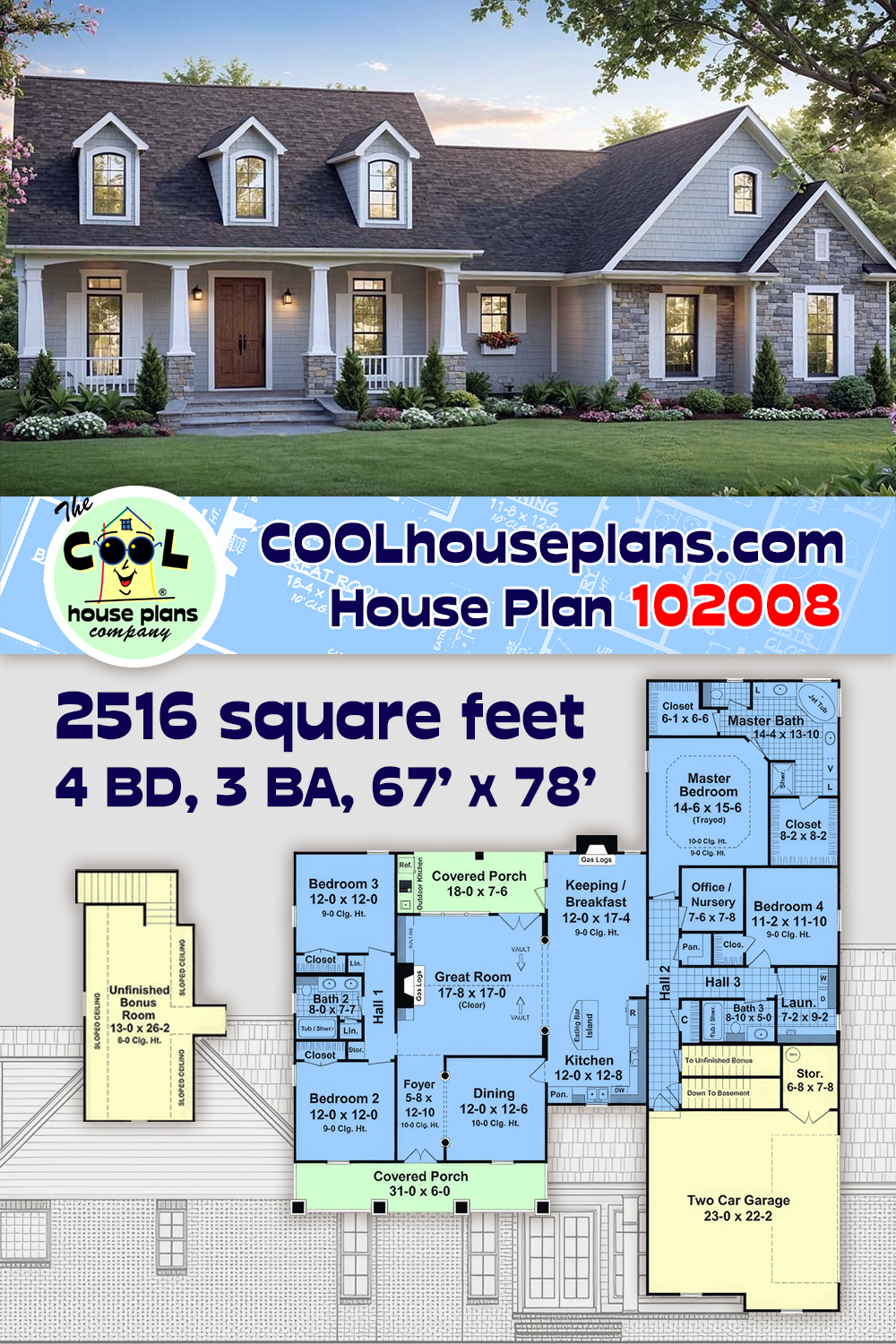 Country, Craftsman, Farmhouse, Traditional House Plan 102008 with 4 Beds, 3 Baths, 2 Car Garage