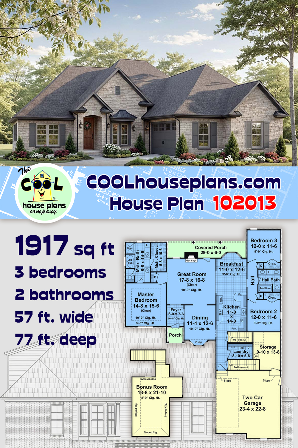 European, Ranch, Traditional House Plan 102013 with 3 Beds, 2 Baths, 2 Car Garage