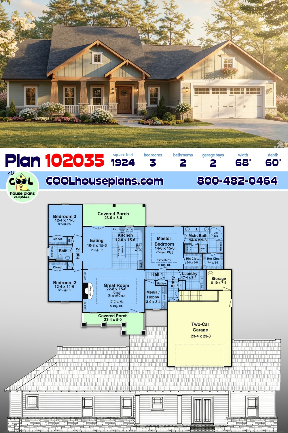 Country, Craftsman, Ranch, Traditional House Plan 102035 with 3 Beds, 2 Baths, 2 Car Garage