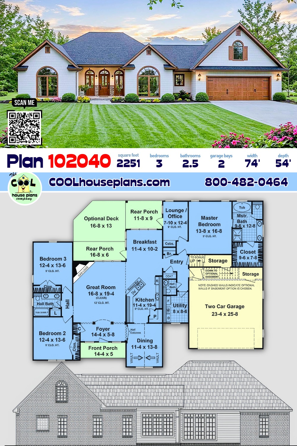 Craftsman, Farmhouse, French Country, Ranch House Plan 102040 with 3 Beds, 3 Baths, 2 Car Garage