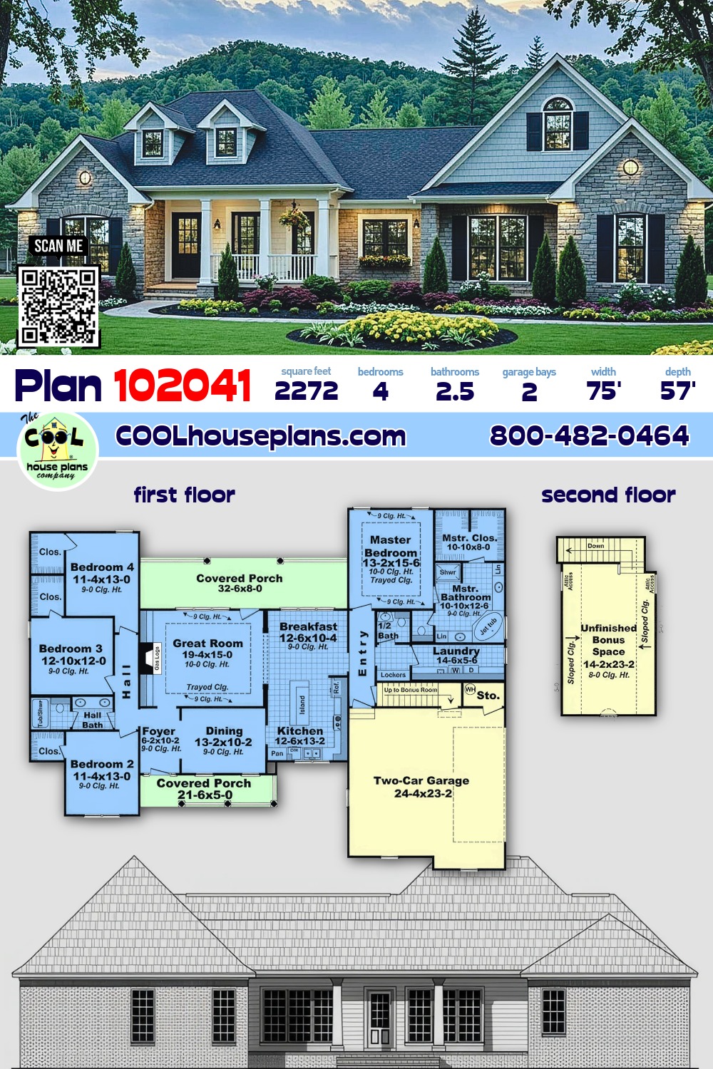 Country, European, Traditional House Plan 102041 with 4 Beds, 3 Baths, 2 Car Garage
