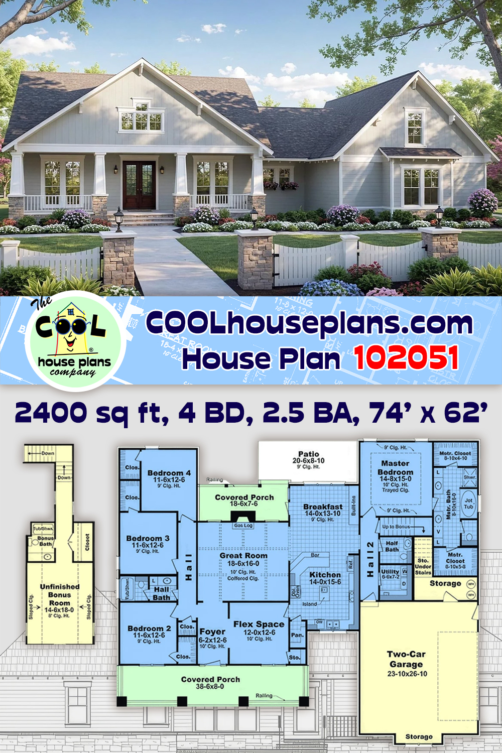 Country, Craftsman, Farmhouse House Plan 102051 with 4 Beds, 3 Baths, 2 Car Garage