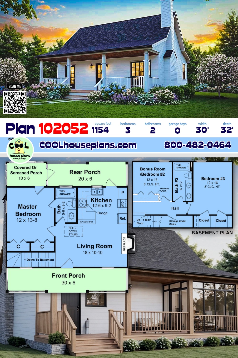Country, Farmhouse, Ranch House Plan 102052 with 3 Beds, 2 Baths