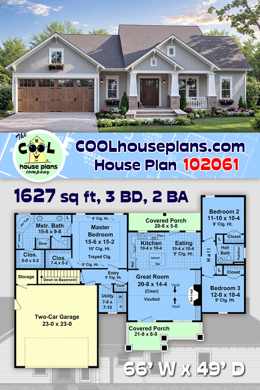 Contemporary, Craftsman, Farmhouse, Ranch House Plan 102061 with 3 Beds, 2 Baths, 2 Car Garage