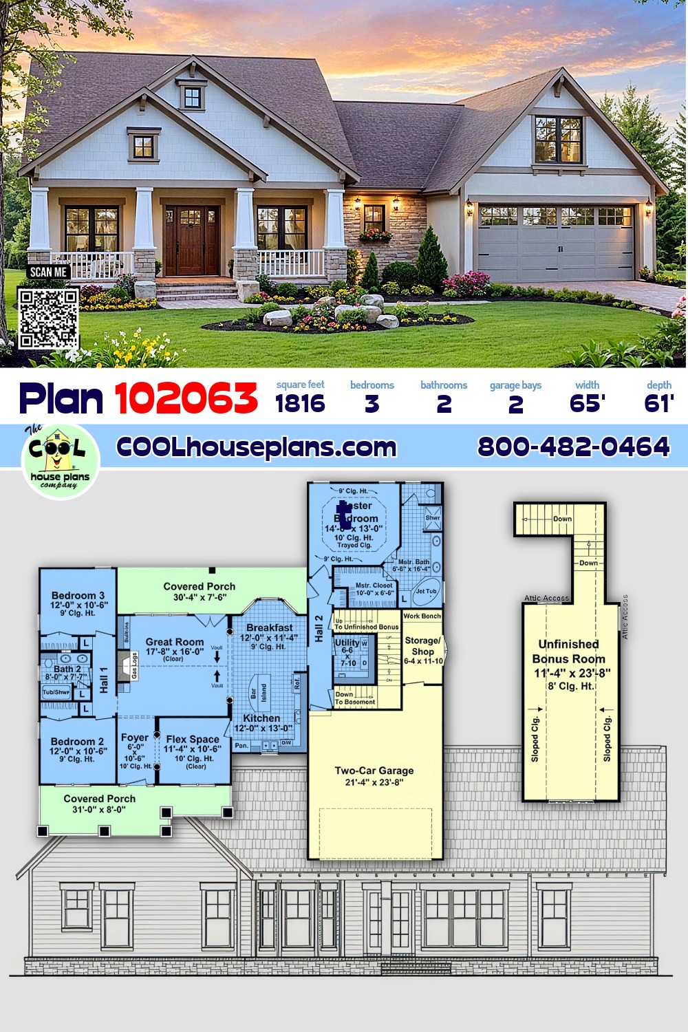 Country, Craftsman, Ranch House Plan 102063 with 3 Beds, 2 Baths, 2 Car Garage