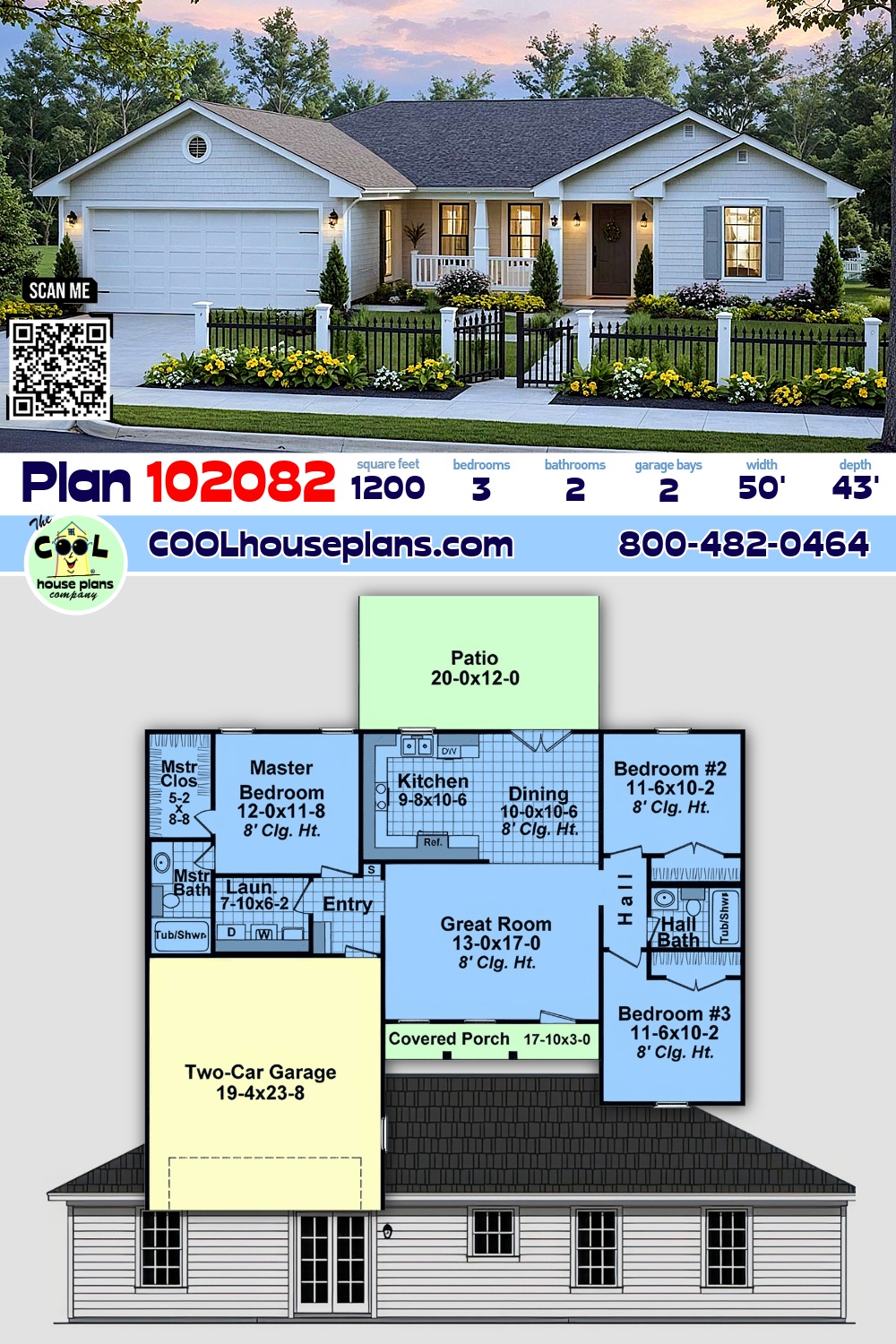 Contemporary, Country, Farmhouse, Ranch House Plan 102082 with 3 Beds, 2 Baths, 2 Car Garage