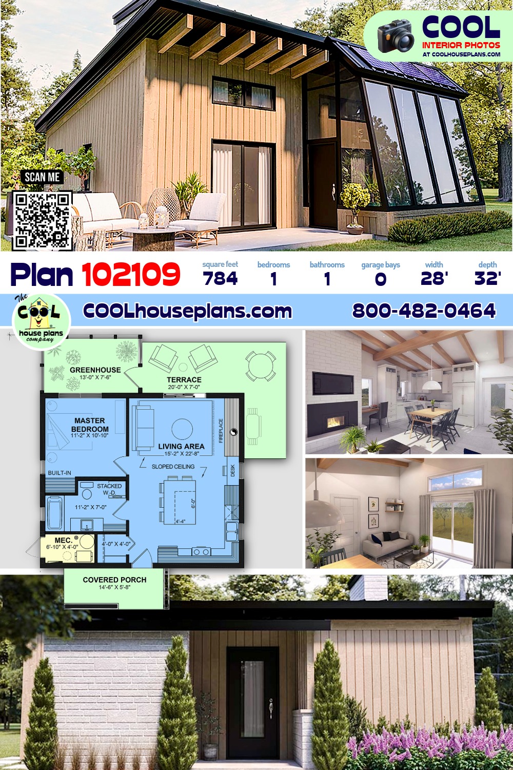 Cabin, Contemporary, Cottage, Modern House Plan 102109 with 1 Beds, 1 Baths