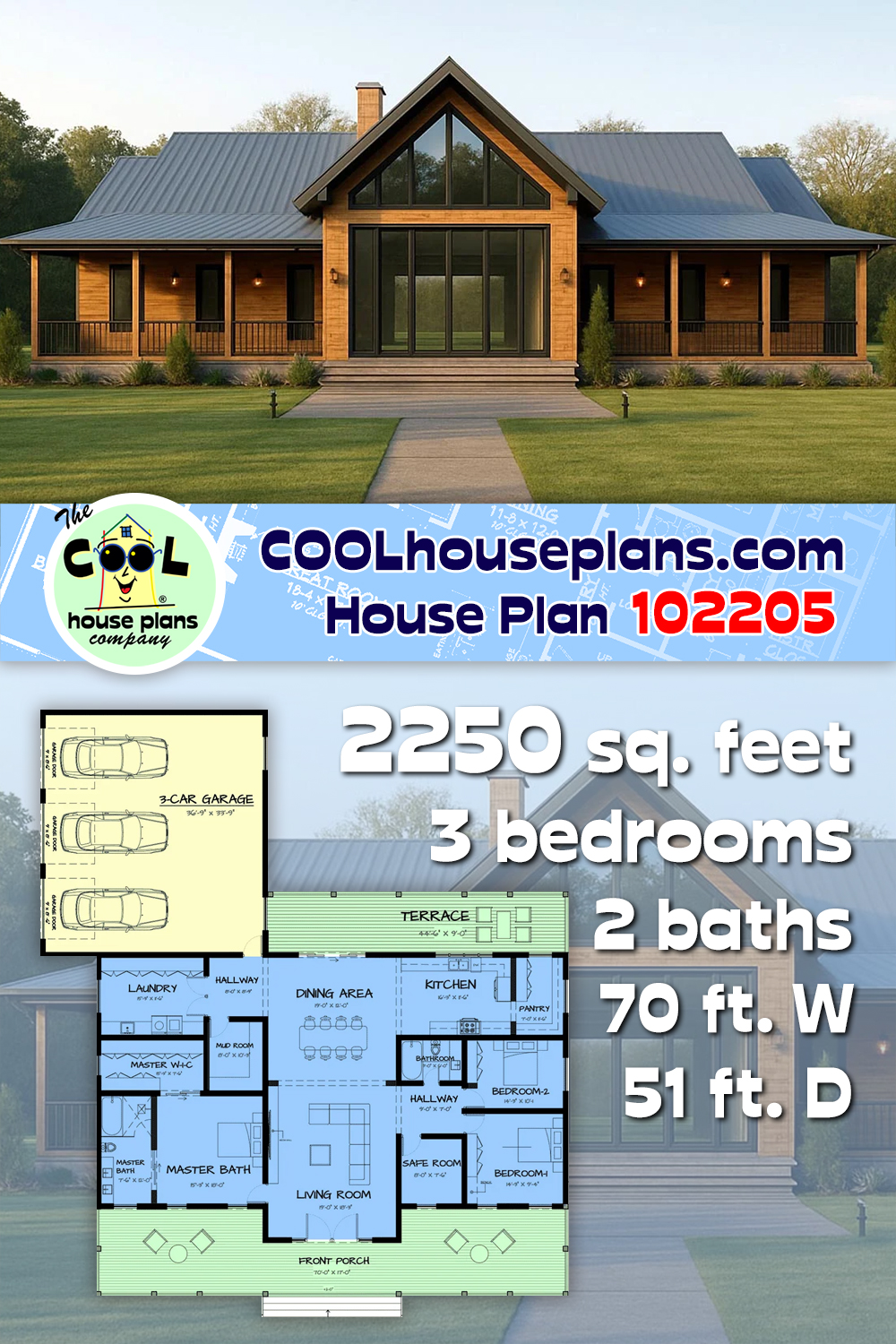 Contemporary, Cottage, Farmhouse, Traditional House Plan 102205 with 3 Beds, 2 Baths, 3 Car Garage