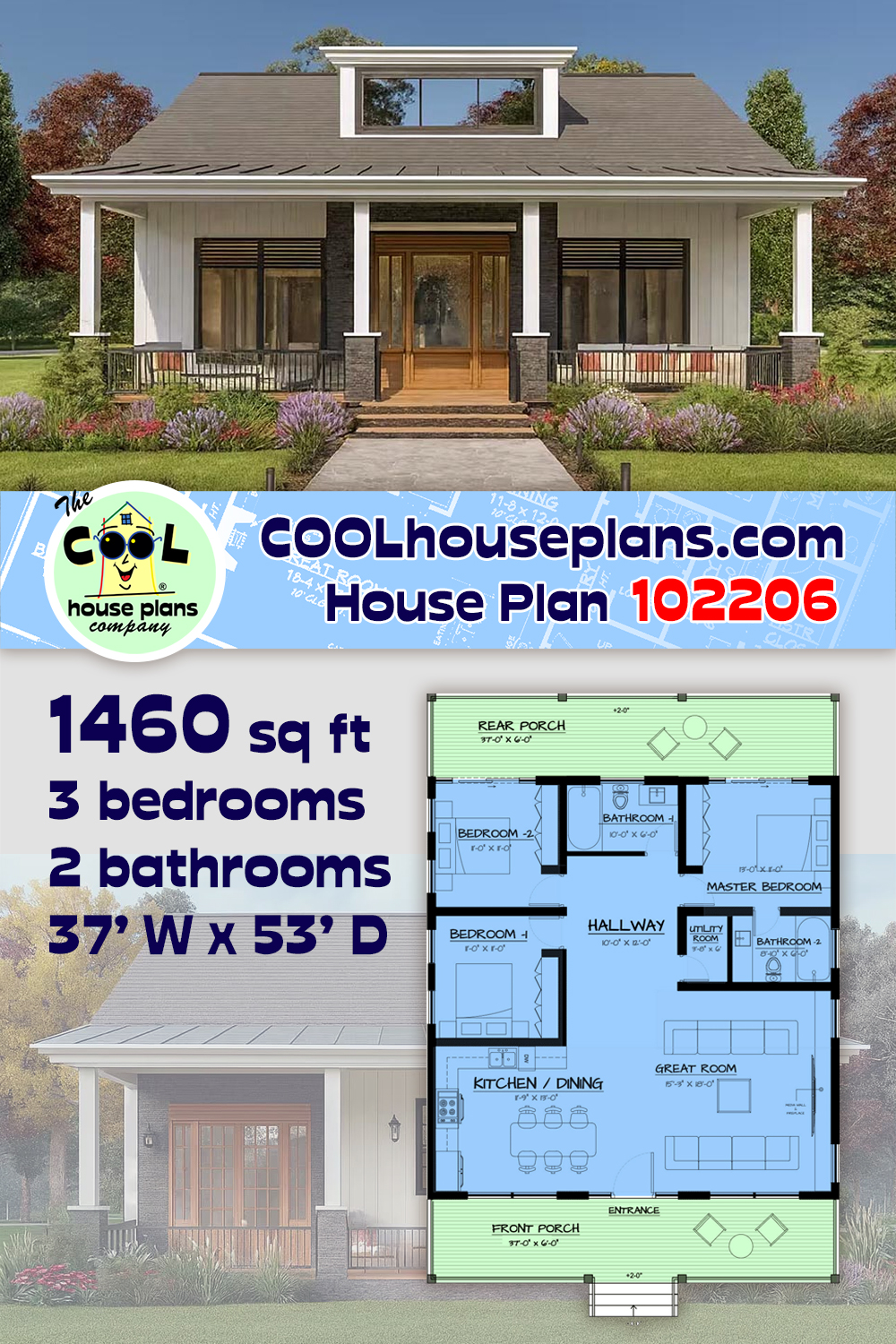 Contemporary, Cottage, Farmhouse, Traditional House Plan 102206 with 3 Beds, 2 Baths