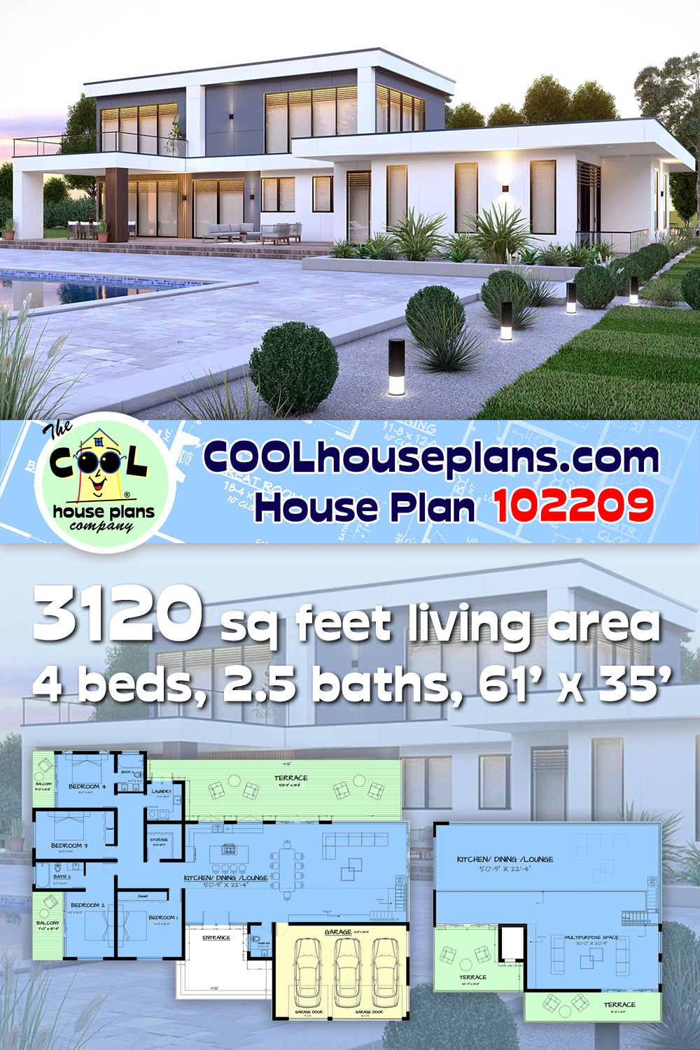 Contemporary, Modern House Plan 102209 with 4 Beds, 3 Baths, 3 Car Garage