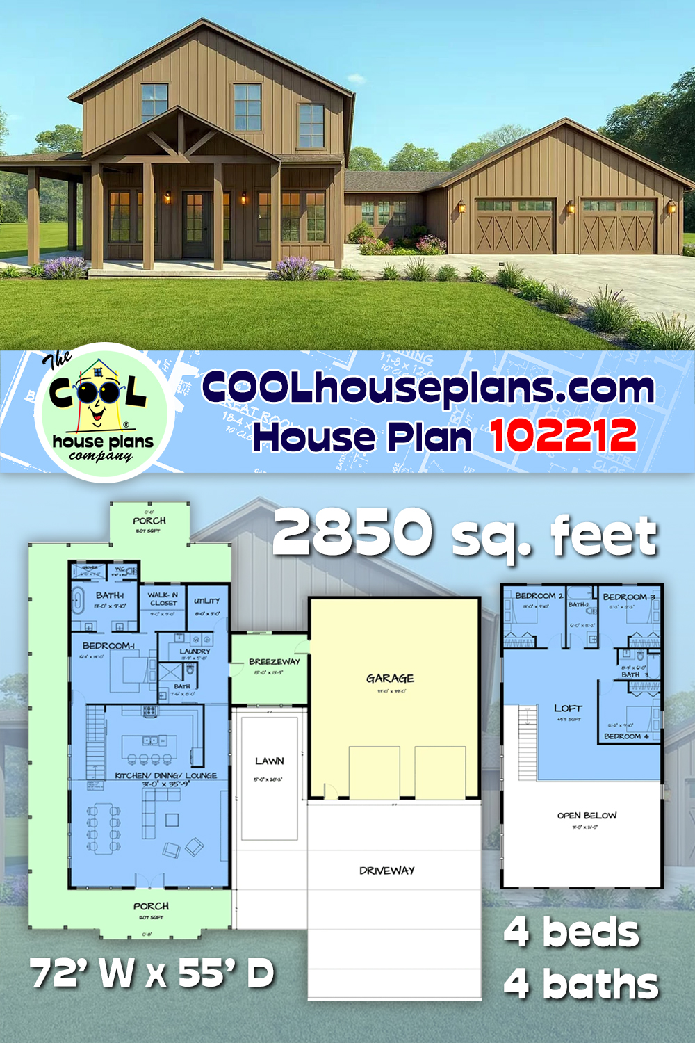 Contemporary, Craftsman, Farmhouse House Plan 102212 with 4 Beds, 4 Baths, 2 Car Garage
