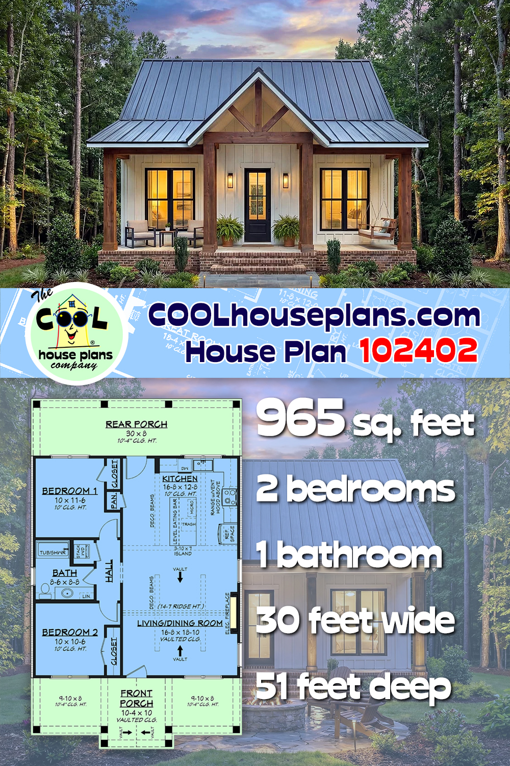 Cottage, Country, Farmhouse, Southern House Plan 102402 with 2 Beds, 1 Baths