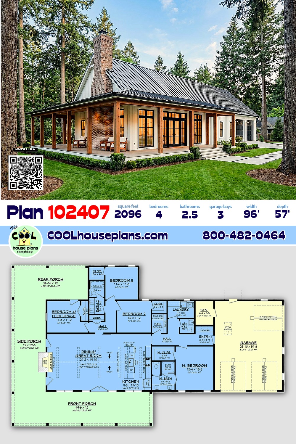 Barndominium, Country, Southern House Plan 102407 with 4 Beds, 3 Baths, 3 Car Garage