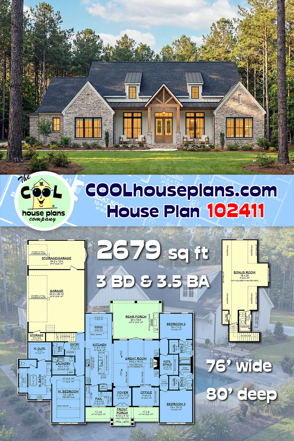 Contemporary, Country, Farmhouse, Southern House Plan 102411 with 3 Beds, 4 Baths, 3 Car Garage