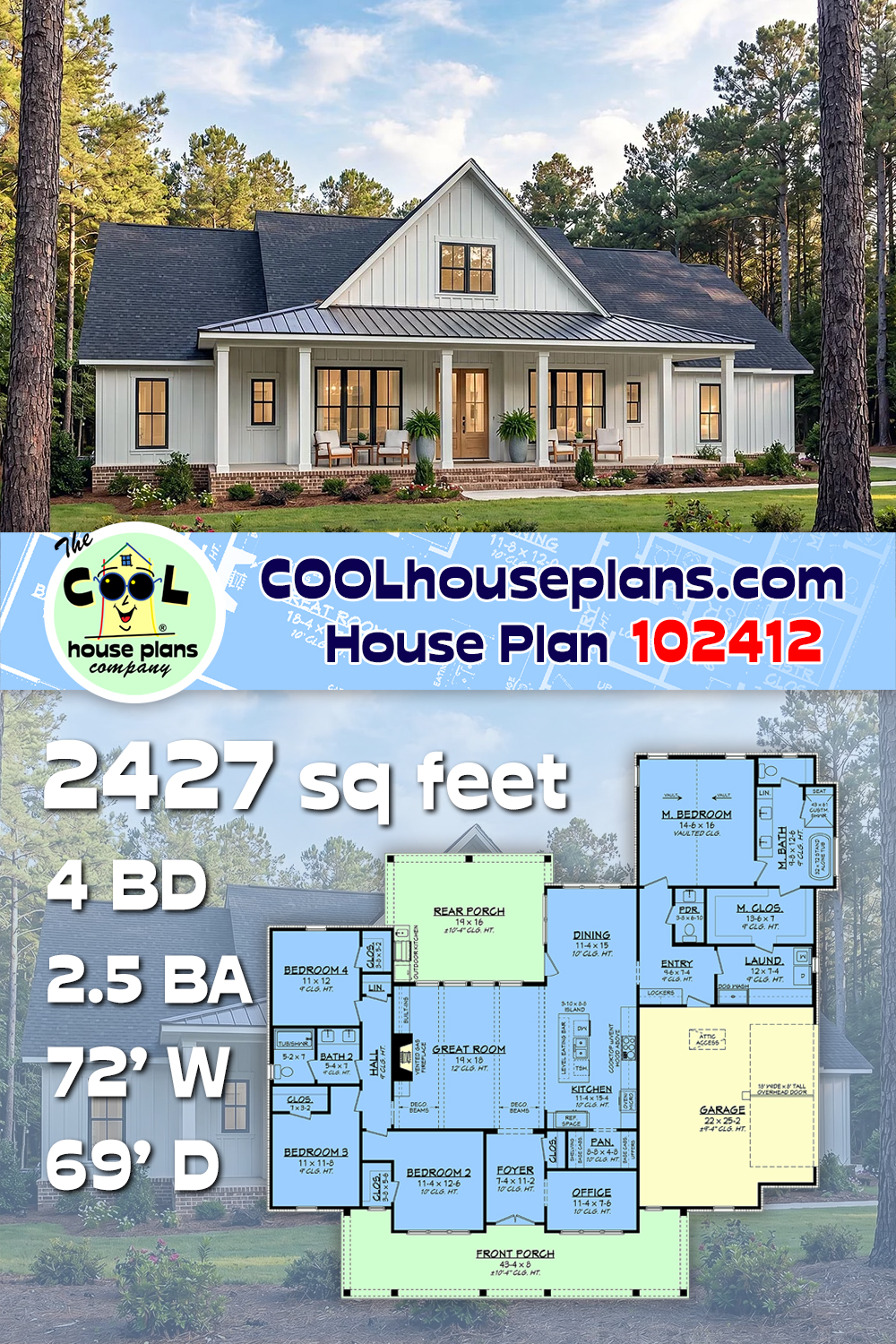 Country, Farmhouse, Southern House Plan 102412 with 4 Beds, 3 Baths, 2 Car Garage