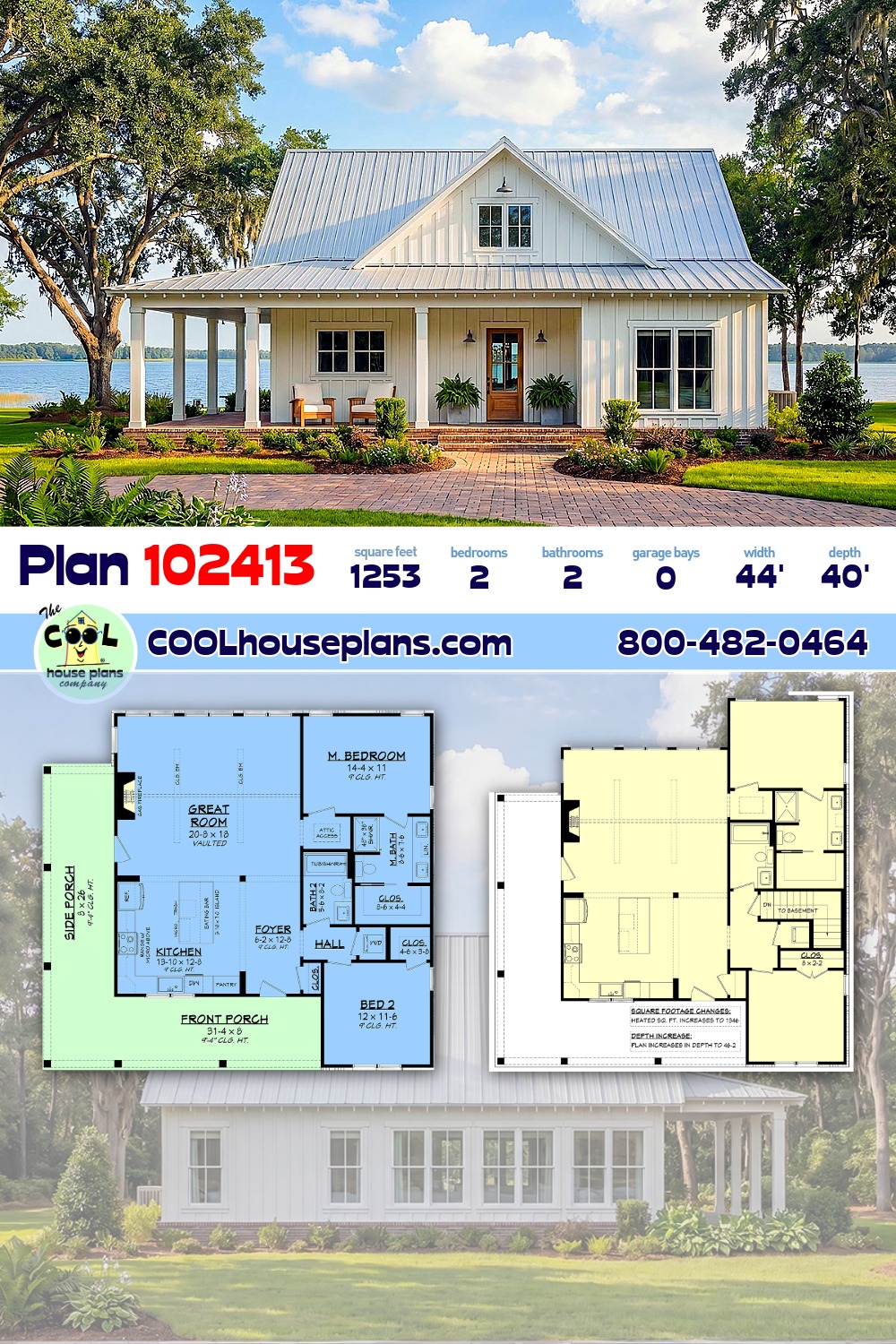 Contemporary, Cottage, Country, Farmhouse, Traditional House Plan 102413 with 2 Beds, 2 Baths