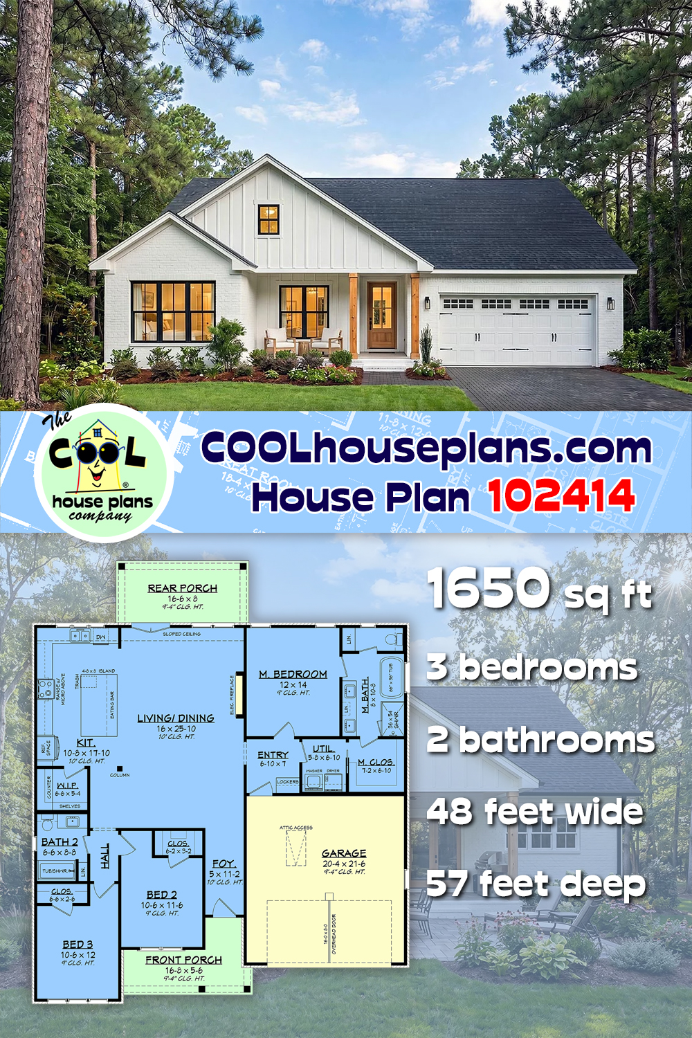 Country, Farmhouse, Southern, Traditional House Plan 102414 with 3 Beds, 2 Baths, 2 Car Garage