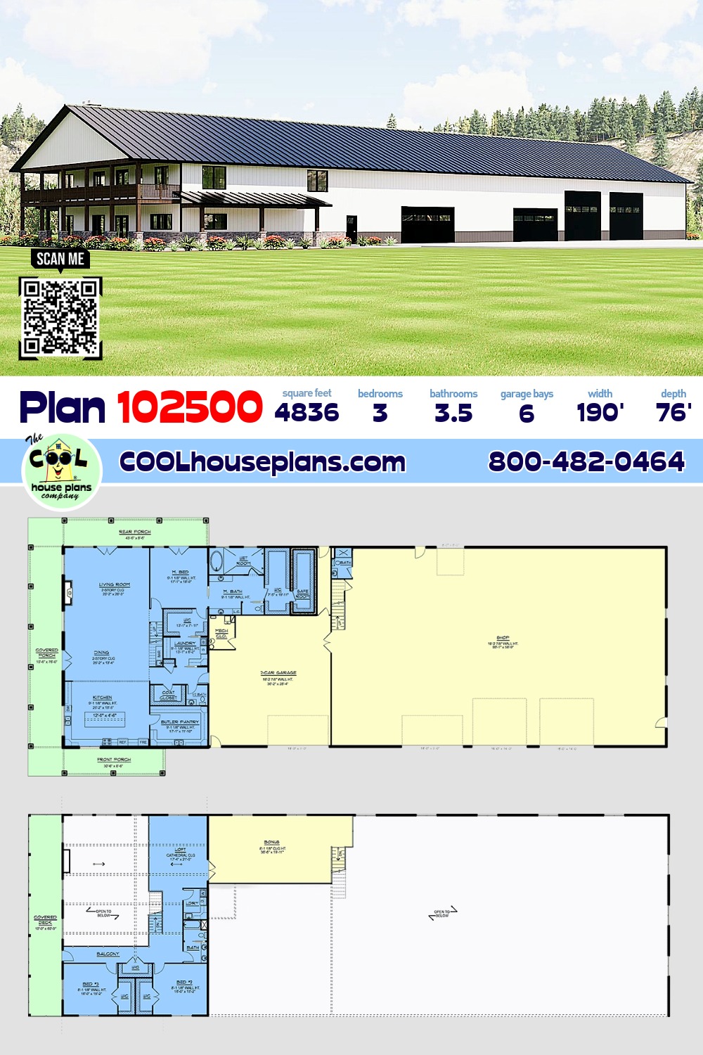 Barndominium, Country, Farmhouse, Modern, New American House Plan 102500 with 3 Beds, 4 Baths, 6 Car Garage