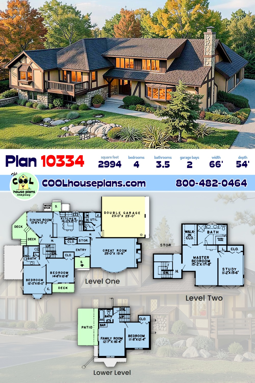 Contemporary, European, Retro, Tudor House Plan 10334 with 4 Beds, 4 Baths, 2 Car Garage