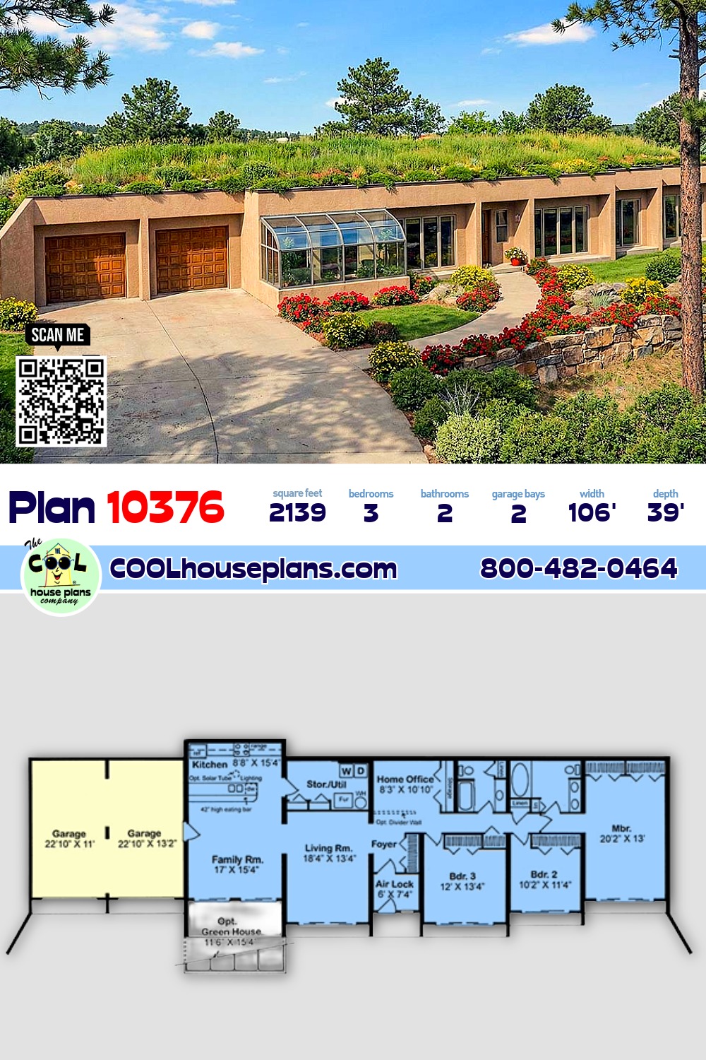 Contemporary, Earth Sheltered, Retro House Plan 10376 with 3 Beds, 2 Baths, 2 Car Garage