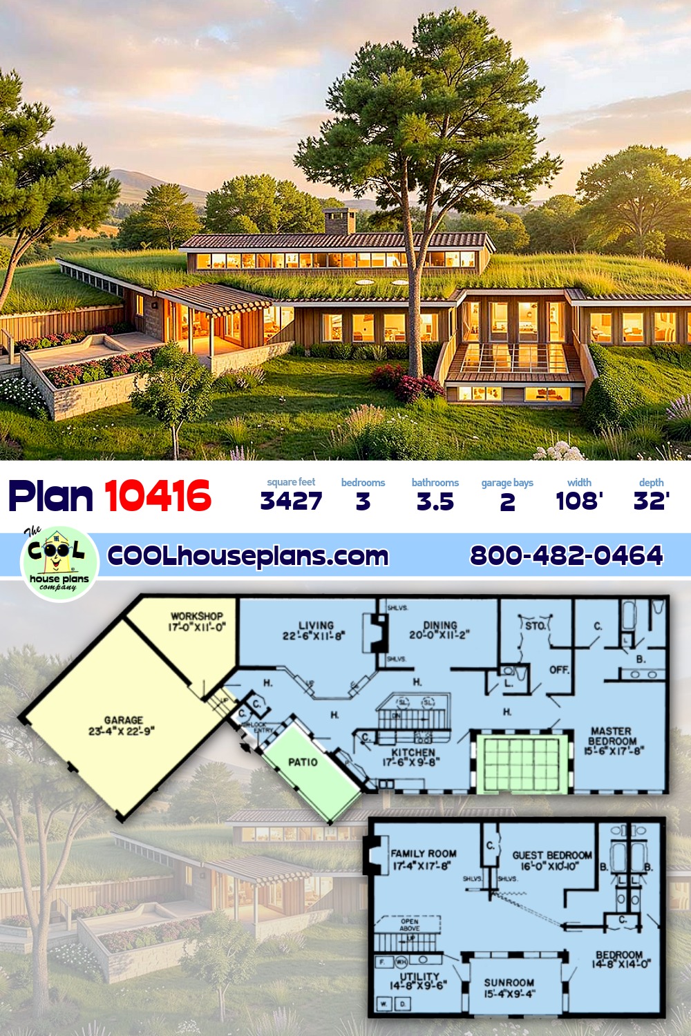 Earth Sheltered House Plan 10416 with 3 Beds, 4 Baths, 2 Car Garage
