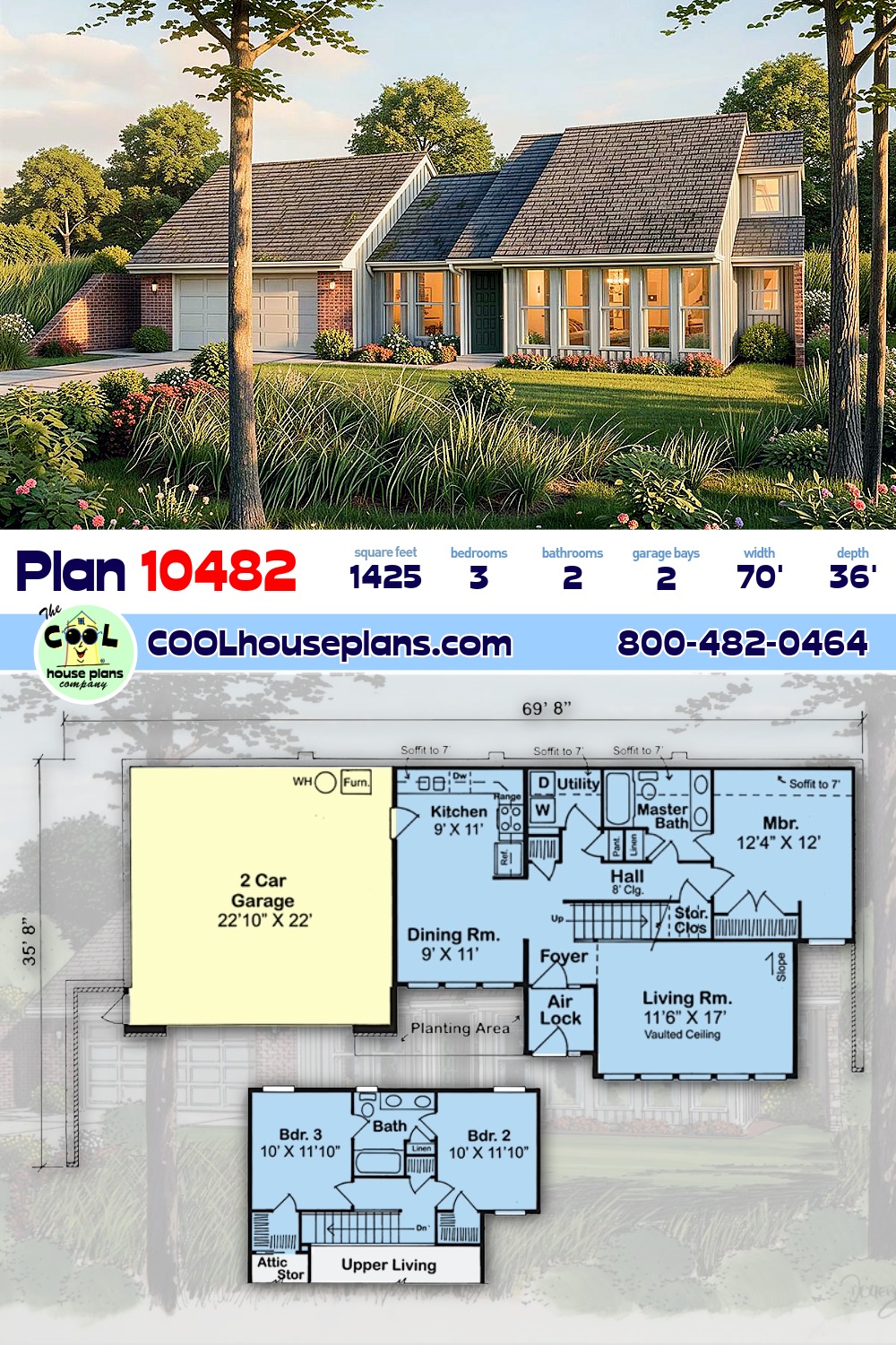Contemporary, Earth Sheltered, Retro House Plan 10482 with 3 Beds, 2 Baths, 2 Car Garage