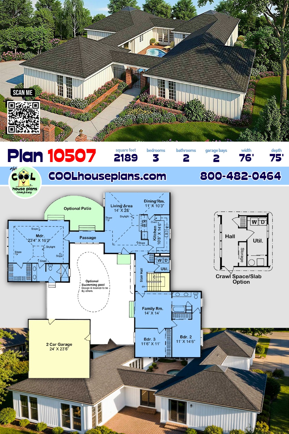 Contemporary, One-Story, Ranch House Plan 10507 with 3 Beds, 2 Baths, 2 Car Garage